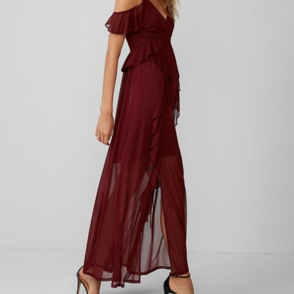 Express Cold Shoulder Ruffle Maxi Dress, Burgundy, S - Picture 3 of 7